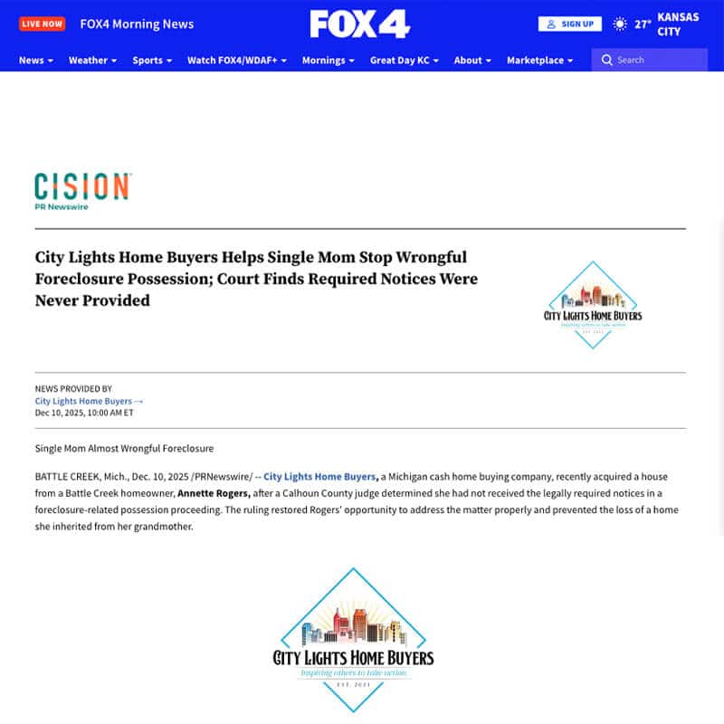 PR Newswire article about City Lights Home Buyers helping single mom stop foreclosure in Michigan