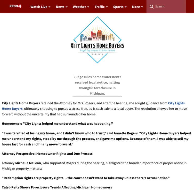 KRON 4 press release about City Lights Home Buyers helping a single mom stop foreclosure