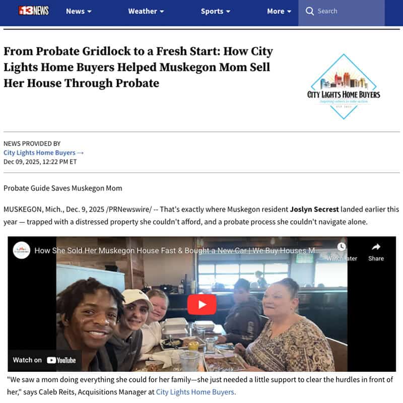 PR Newswire story on City Lights Home Buyers helping Muskegon mom sell probate house fast