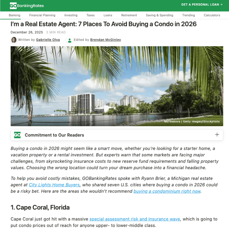Ryann Brier City Lights Home Buyers quoted in GOBankingRates condo market article