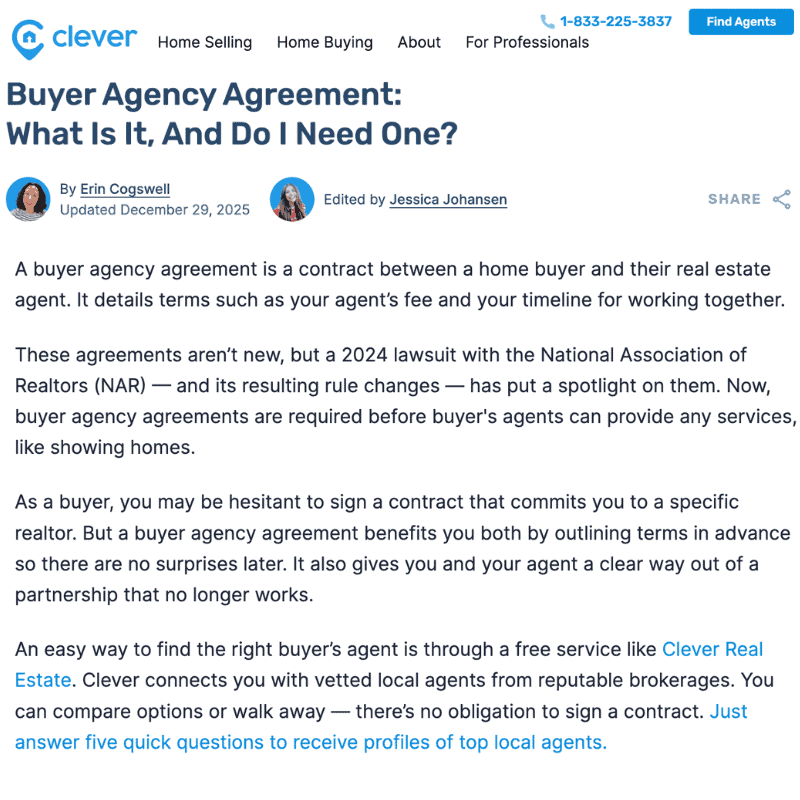 Clever Real Estate article quoting Michigan agent Ryann Brier of City Lights Home Buyers about buyer agency agreements